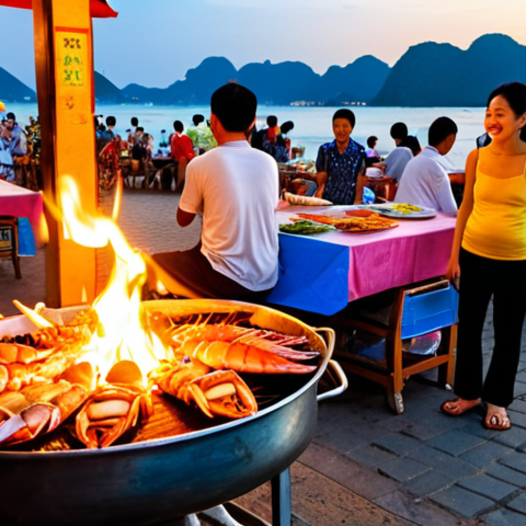 **

A vibrant street scene in Da Nang, Vietnam. Focus on fresh seafood being grilled at a bustling night market along the beach. Capture the friendly atmosphere with smiling locals and tourists enjoying their meals.  Sun setting over the ocean in the background, creating a warm and inviting ambiance.

**