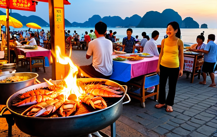 **

A vibrant street scene in Da Nang, Vietnam. Focus on fresh seafood being grilled at a bustling night market along the beach. Capture the friendly atmosphere with smiling locals and tourists enjoying their meals.  Sun setting over the ocean in the background, creating a warm and inviting ambiance.

**