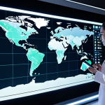 **Prompt:** A sleek, high-tech control center for global travel safety. In the foreground, a modern traveler (gender-neutral) interacts with a transparent holographic display showing a dynamic world map. The map is overlaid with real-time data visualizations: glowing risk zones, AI-driven predictive analytics, and smart device connectivity icons. Subtle futuristic elements like sleek smartwatches and digital interfaces are visible. The background features blurred screens displaying global news feeds and weather patterns, emphasizing a complex, interconnected world. The overall aesthetic is clean, futuristic, and secure, with a vibrant digital glow, reflecting the integration of big data and AI for safety. Cinematic, concept art, digital painting.