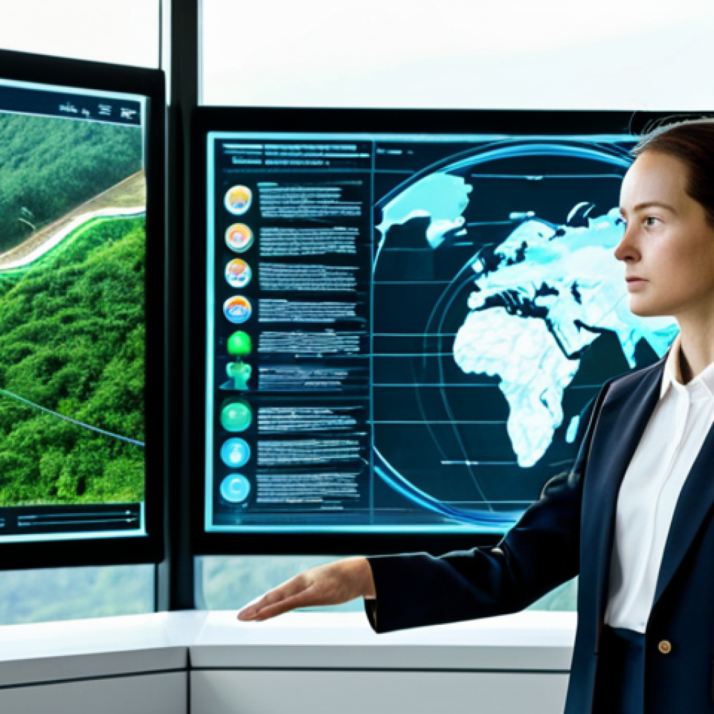 A professional female data scientist, fully clothed in a modest business blazer and trousers, standing naturally and interacting with a futuristic translucent display. The display shows intricate data visualizations of tourist flow patterns and ecological impact in various scenic locations, symbolizing the balance between technology and nature preservation. She has a thoughtful, focused expression. The setting is a clean, modern sustainability research center with large windows overlooking a lush, untouched natural landscape. Professional photography, high detail, perfect anatomy, correct proportions, natural pose, well-formed hands, proper finger count, natural body proportions, safe for work, appropriate content, fully clothed, professional dress, modest clothing, family-friendly.