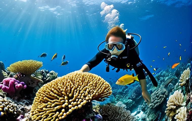 해양 관광 - Underwater Exploration**

"A fully clothed diver in modest diving gear explores a vibrant coral reef...