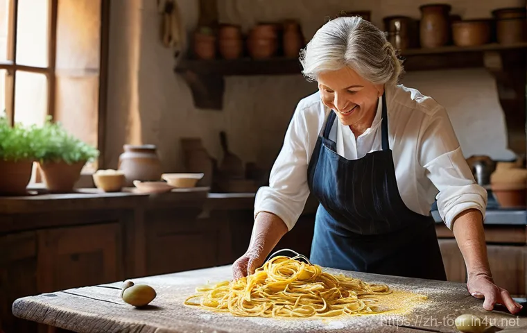 유럽 관광 시장 - **A warm and inviting scene inside a rustic Italian kitchen in a Tuscan village.** A friendly, middl...