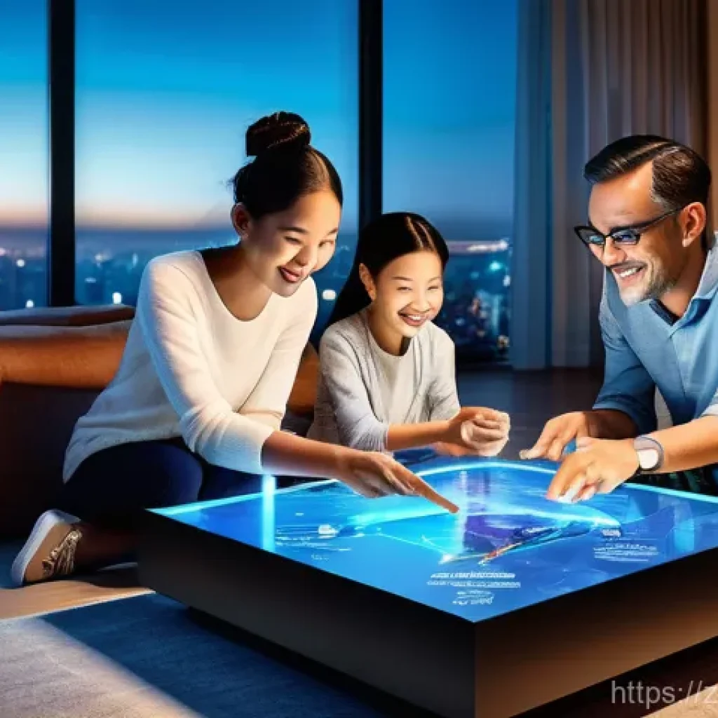 관광업의 디지털화 - **Prompt:** A diverse, happy family of four (parents in their 40s, children aged 13 and 15) sitting ...