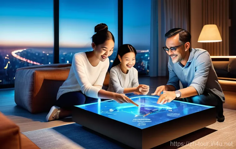 관광업의 디지털화 - **Prompt:** A diverse, happy family of four (parents in their 40s, children aged 13 and 15) sitting ...