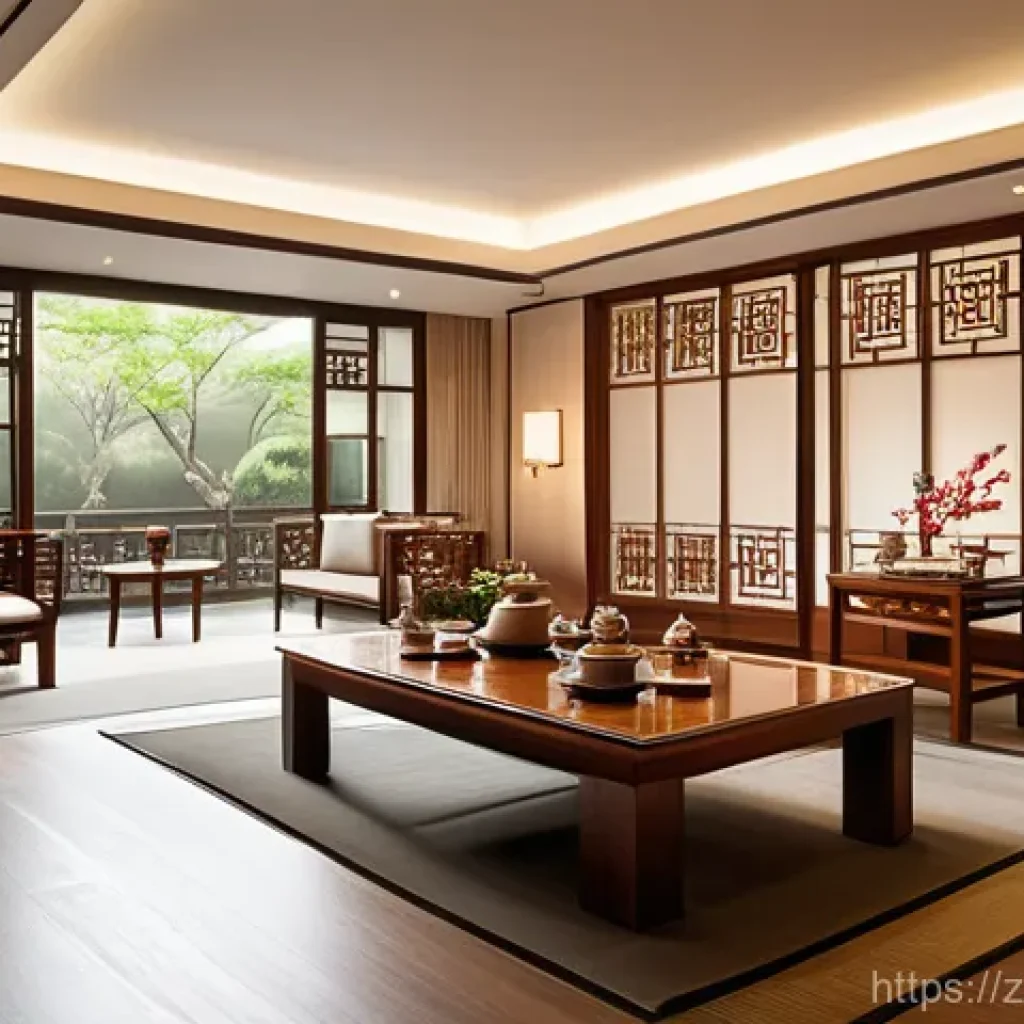 호텔 경영 전략 - An elegant, warm, and inviting hotel lobby that seamlessly blends traditional Chinese Jiangnan garde...