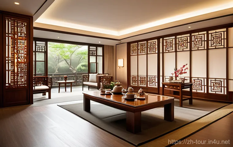 호텔 경영 전략 - An elegant, warm, and inviting hotel lobby that seamlessly blends traditional Chinese Jiangnan garde...