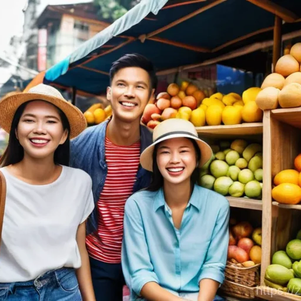 아웃바운드 관광 정책 - **Prompt:** A dynamic and diverse group of four young friends, two men and two women, in their early...