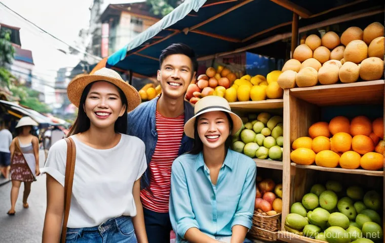 아웃바운드 관광 정책 - **Prompt:** A dynamic and diverse group of four young friends, two men and two women, in their early...