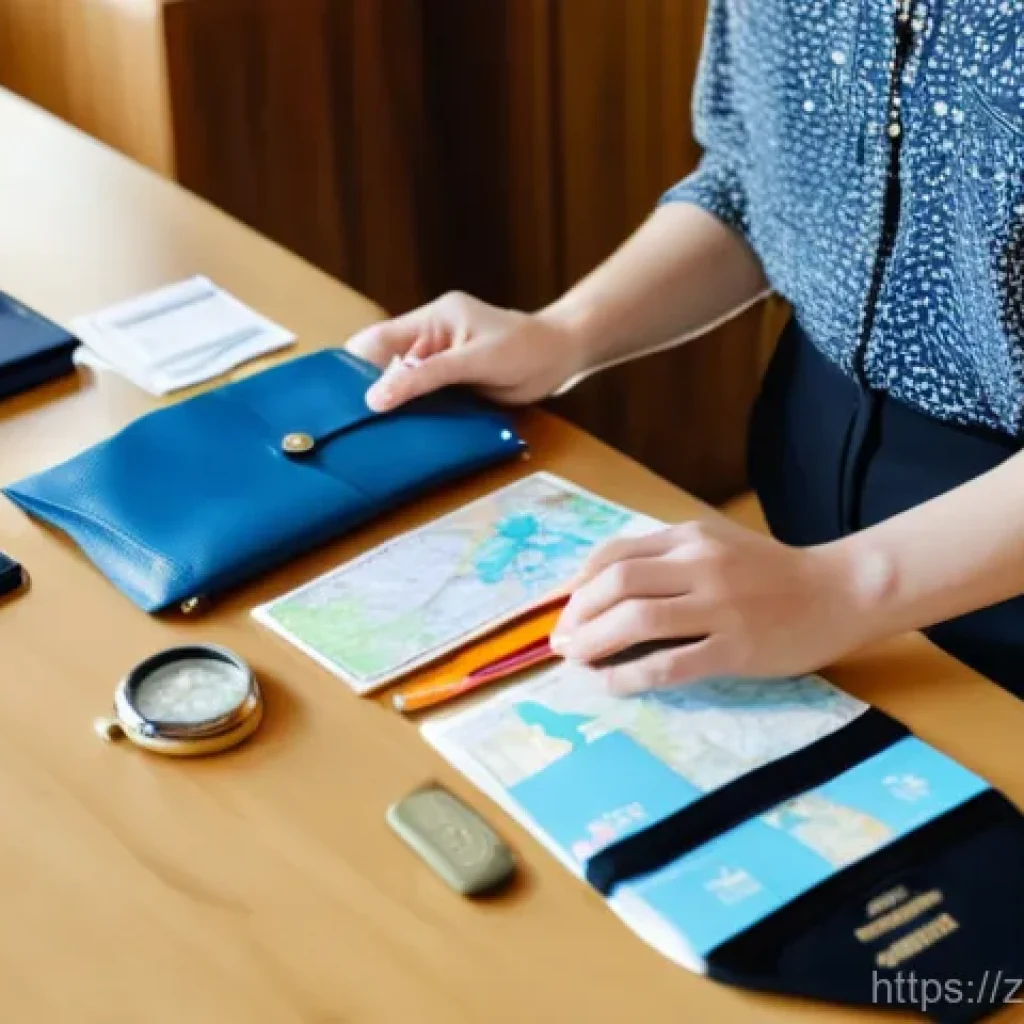 국제 관광 안전 협정 - **Prompt:** A young, organized female traveler in her late twenties is meticulously preparing her "s...