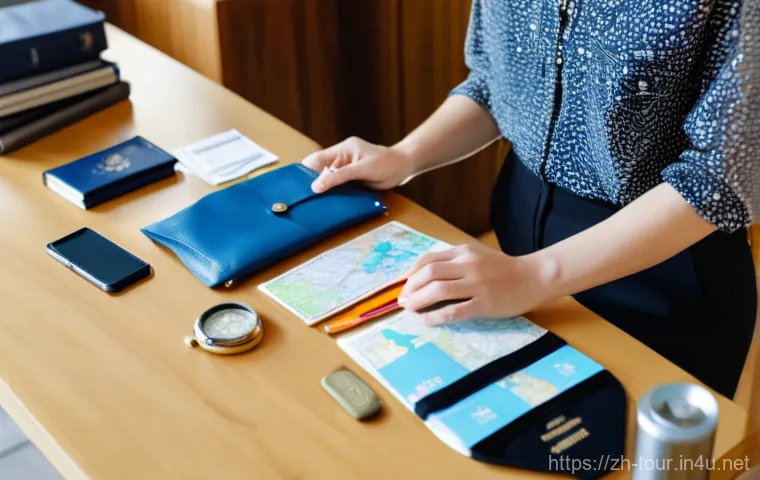 국제 관광 안전 협정 - **Prompt:** A young, organized female traveler in her late twenties is meticulously preparing her "s...