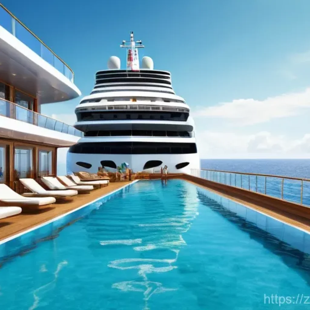 해양 관광 산업 - **Prompt:** "A vibrant, futuristic luxury cruise ship sailing on calm, azure waters under a clear bl...