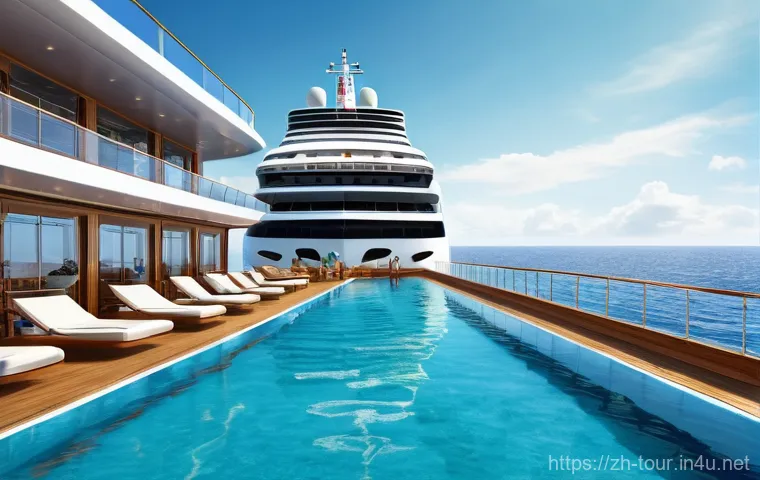 해양 관광 산업 - **Prompt:** "A vibrant, futuristic luxury cruise ship sailing on calm, azure waters under a clear bl...