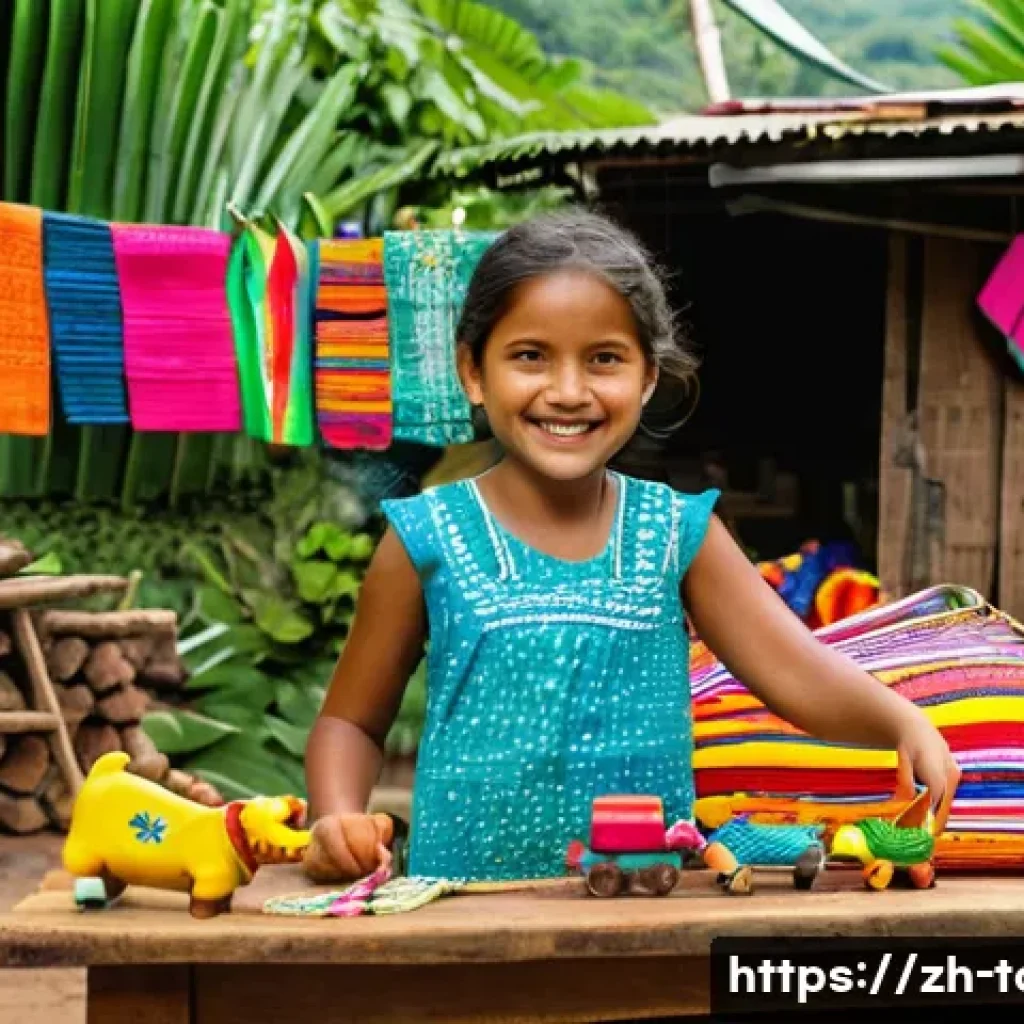지속 가능한 관광 경영 전략 - **Image Prompt:** A vibrant marketplace scene in a small Costa Rican village. Local artisans, with w...
