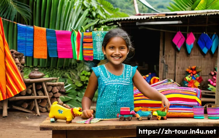 지속 가능한 관광 경영 전략 - **Image Prompt:** A vibrant marketplace scene in a small Costa Rican village. Local artisans, with w...
