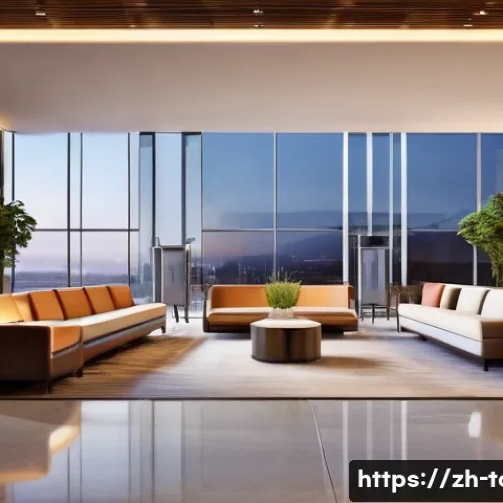 호텔 경영의 글로벌화 - **Prompt 1: "A futuristic hotel lobby bustling with diverse guests checking in effortlessly. Robotic...