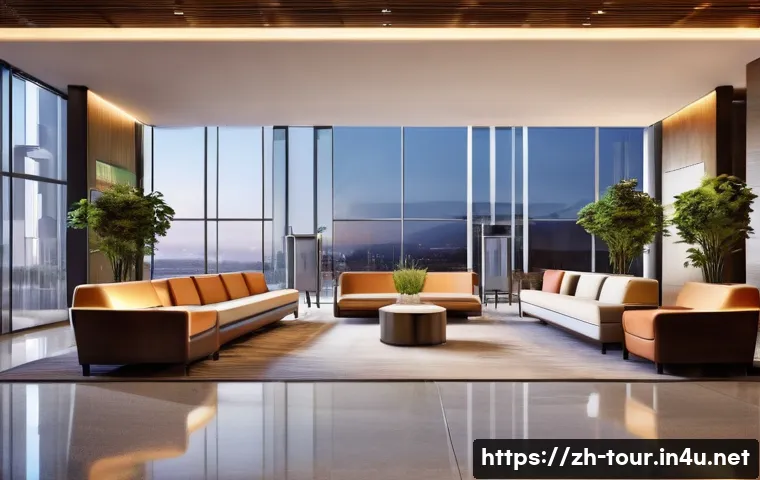 호텔 경영의 글로벌화 - **Prompt 1: "A futuristic hotel lobby bustling with diverse guests checking in effortlessly. Robotic...