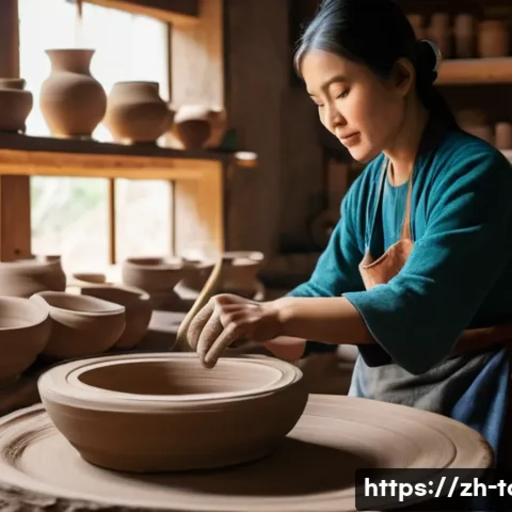 관광업 관련 연구 방법론 - **Prompt:** A young woman (late 20s, East Asian, with long dark hair tied back) is engaged in a pott...