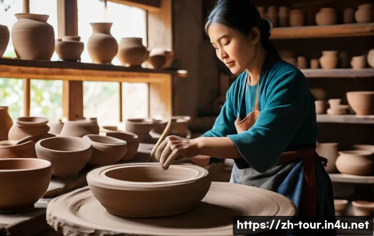 관광업 관련 연구 방법론 - **Prompt:** A young woman (late 20s, East Asian, with long dark hair tied back) is engaged in a pott...