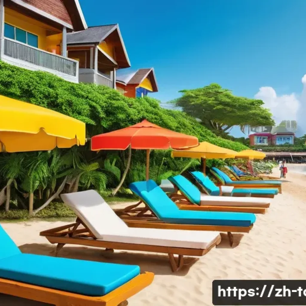 리조트 경영 - A vibrant seaside resort scene featuring a modern family with young children playing safely in a col...