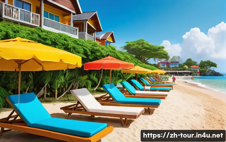 리조트 경영 - A vibrant seaside resort scene featuring a modern family with young children playing safely in a col...