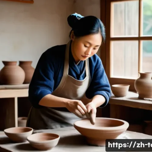 문화탐방 프로그램 - A traditional Chinese ceramic workshop scene with a skilled artisan shaping clay on a potter’s wheel...