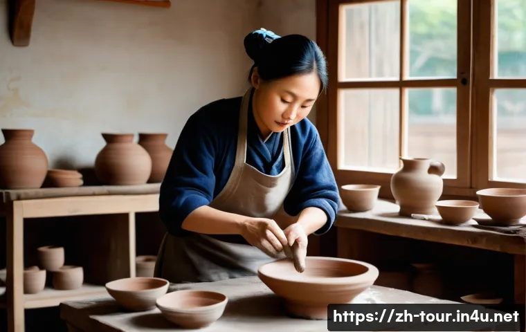 문화탐방 프로그램 - A traditional Chinese ceramic workshop scene with a skilled artisan shaping clay on a potter’s wheel...