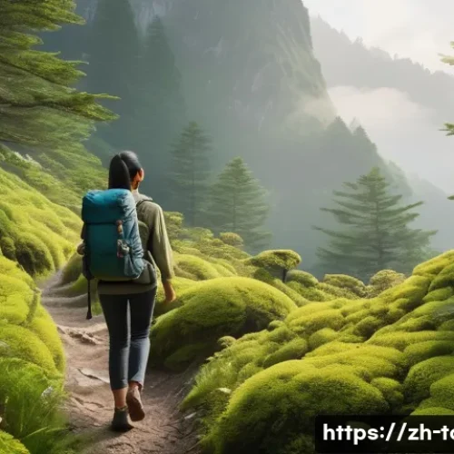 에코 관광 - A serene forest scene with a young Asian woman walking on a narrow trail surrounded by lush green tr...