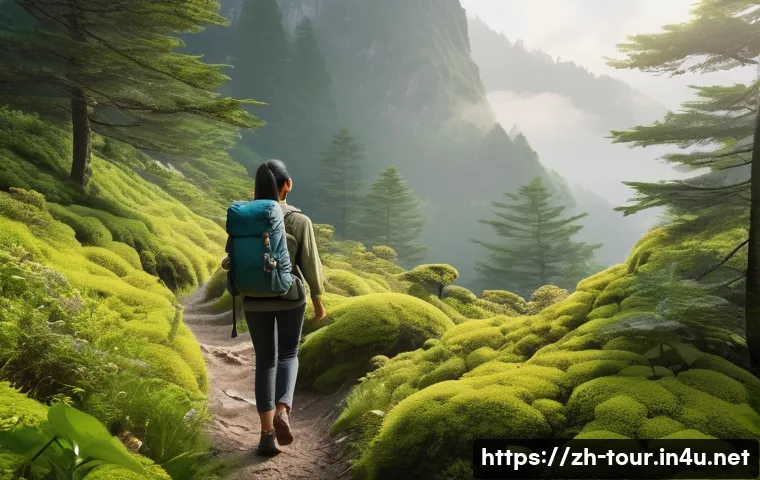 에코 관광 - A serene forest scene with a young Asian woman walking on a narrow trail surrounded by lush green tr...