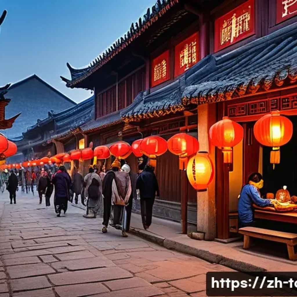 문화관광 마케팅 - A vibrant ancient Chinese town scene at dusk, bustling with tourists wearing modest traditional clot...
