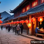 문화관광 마케팅 - A vibrant ancient Chinese town scene at dusk, bustling with tourists wearing modest traditional clot...