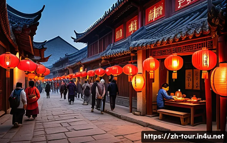 문화관광 마케팅 - A vibrant ancient Chinese town scene at dusk, bustling with tourists wearing modest traditional clot...