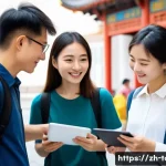 관광학 연구 방법론 - A modern research scene in a bustling Chinese tourist town, featuring a diverse group of researchers...