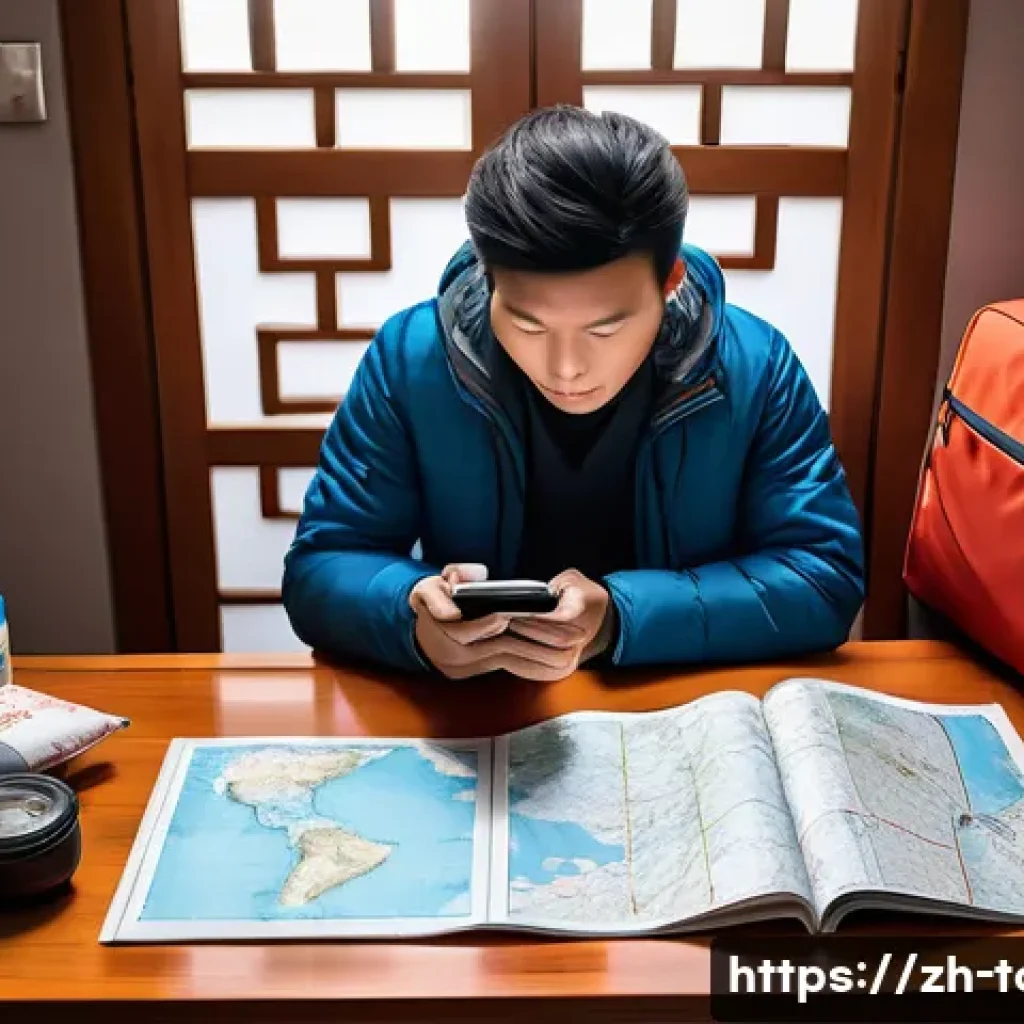 관광 사고 예방 교육 - A detailed scene of a traveler preparing for a trip in a modern Chinese-style room, surrounded by es...