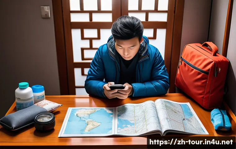 관광 사고 예방 교육 - A detailed scene of a traveler preparing for a trip in a modern Chinese-style room, surrounded by es...