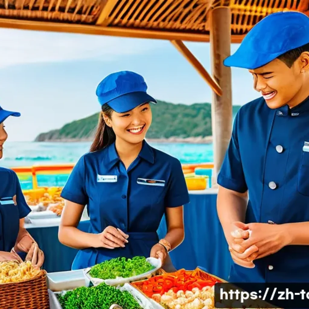 해양 관광의 경제적 영향 - A vibrant coastal tourism scene at a modern seaside city during peak season, featuring diverse emplo...