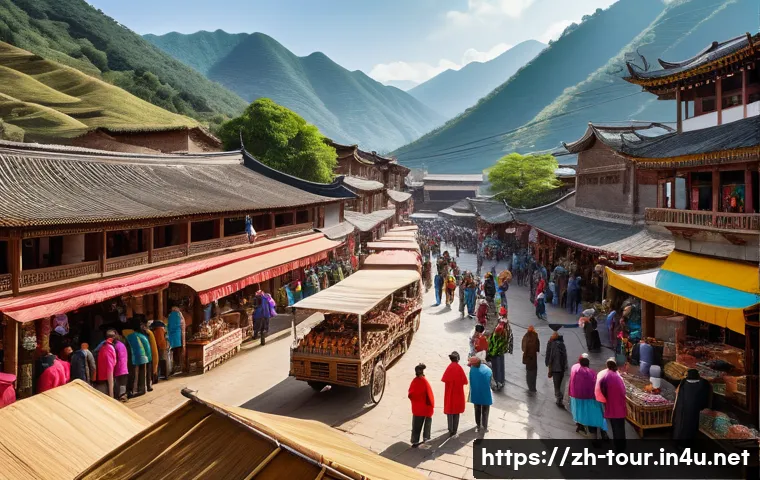 관광 기업의 브랜드 전략 - A vibrant outdoor market scene in Yunnan featuring tourists exploring colorful stalls with tradition...