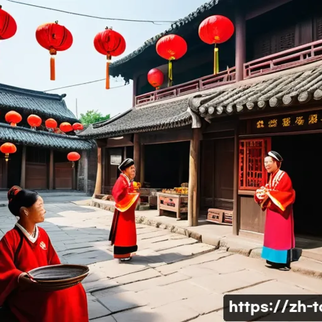 문화재 보존과 관광 - A vibrant traditional Chinese village scene during a cultural festival, featuring local residents in...