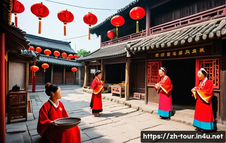 문화재 보존과 관광 - A vibrant traditional Chinese village scene during a cultural festival, featuring local residents in...
