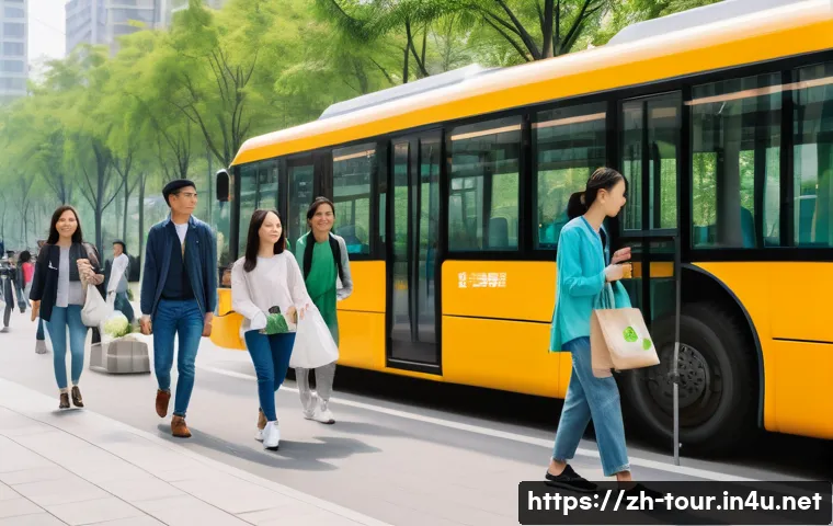 친환경 관광 - A vibrant urban scene in a modern Chinese city featuring a diverse group of young adults and familie...