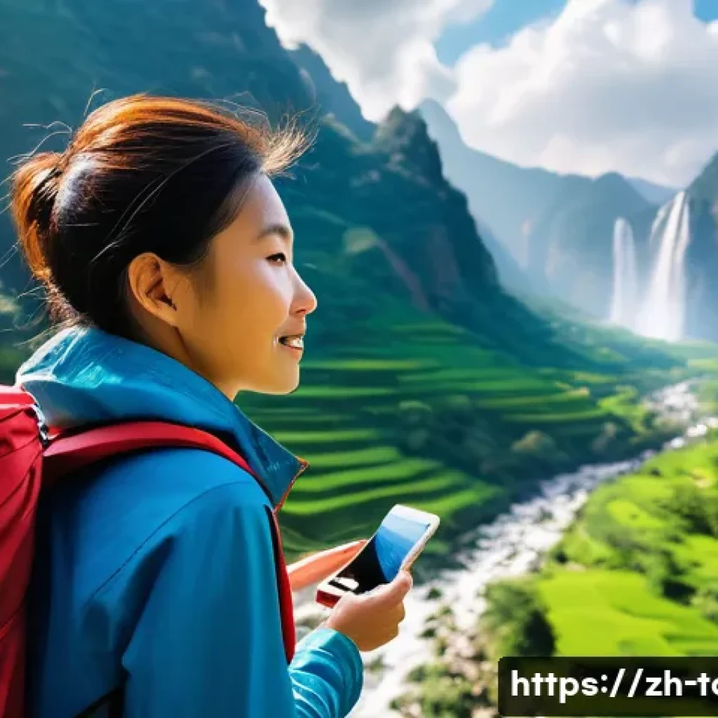 여행의 개인화 트렌드 - A modern traveler using a sleek smartphone app for personalized travel planning, displaying detailed...