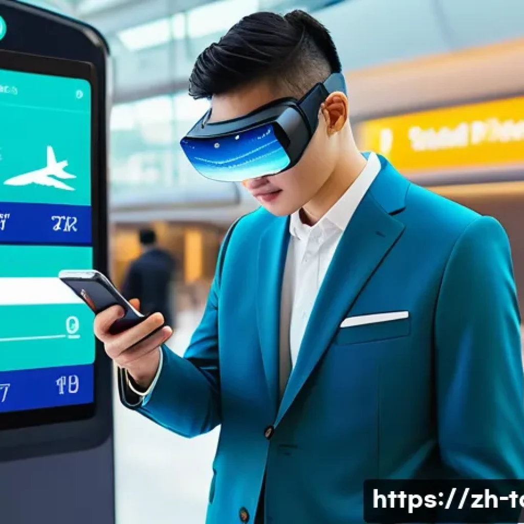 글로벌 관광 - A bustling modern travel scene featuring a young Chinese traveler using a sleek smartphone app for i...