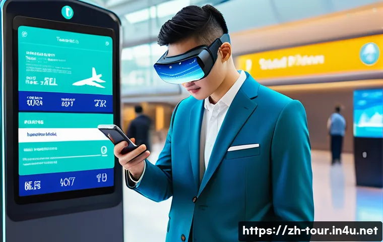 글로벌 관광 - A bustling modern travel scene featuring a young Chinese traveler using a sleek smartphone app for i...