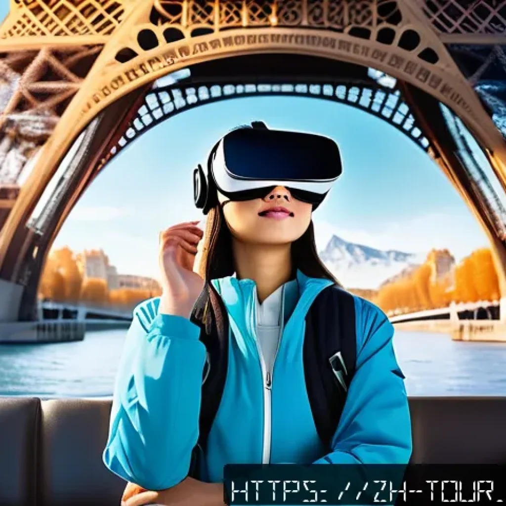 관광 혁신 사례 - A futuristic travel scene showing a young tourist using a sleek VR headset, immersed in a vibrant vi...