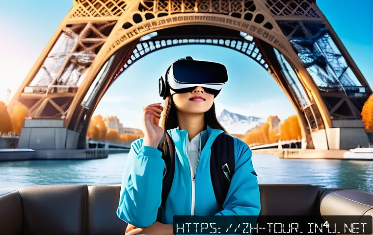 관광 혁신 사례 - A futuristic travel scene showing a young tourist using a sleek VR headset, immersed in a vibrant vi...