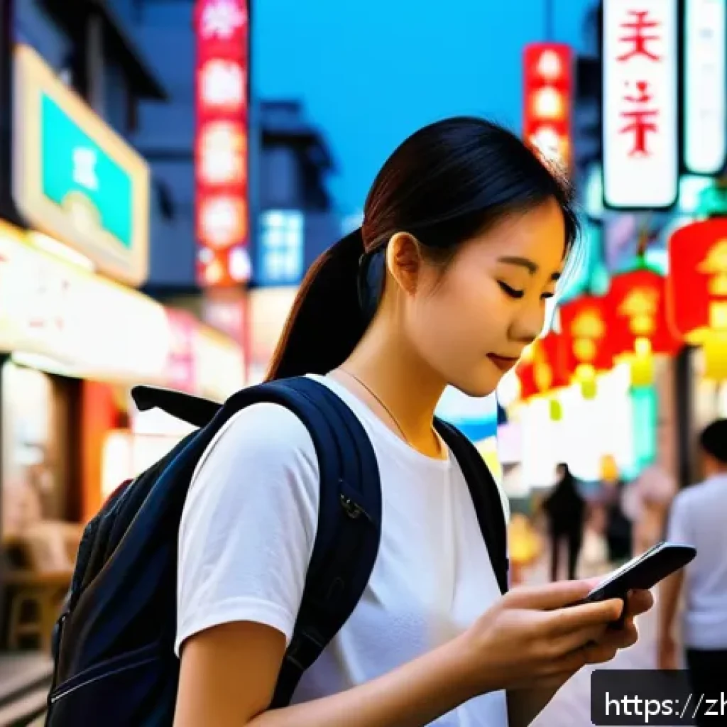 관광 개발 이론 - A vibrant modern tourist using a smartphone app to navigate a bustling Asian city street, detailed w...
