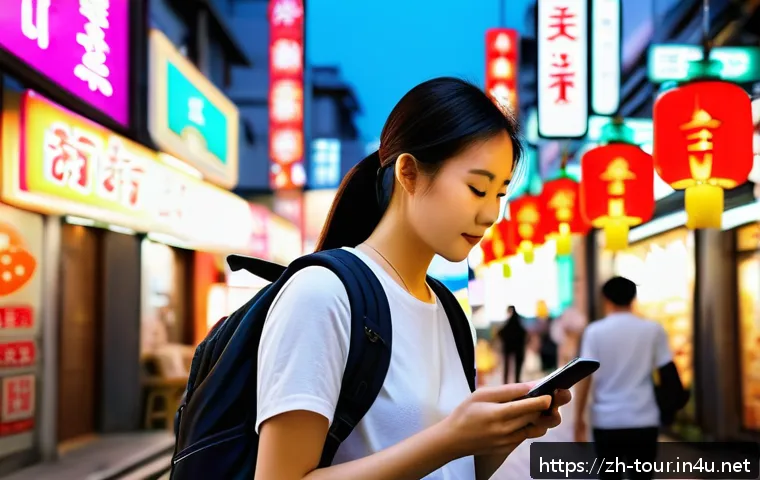 관광 개발 이론 - A vibrant modern tourist using a smartphone app to navigate a bustling Asian city street, detailed w...
