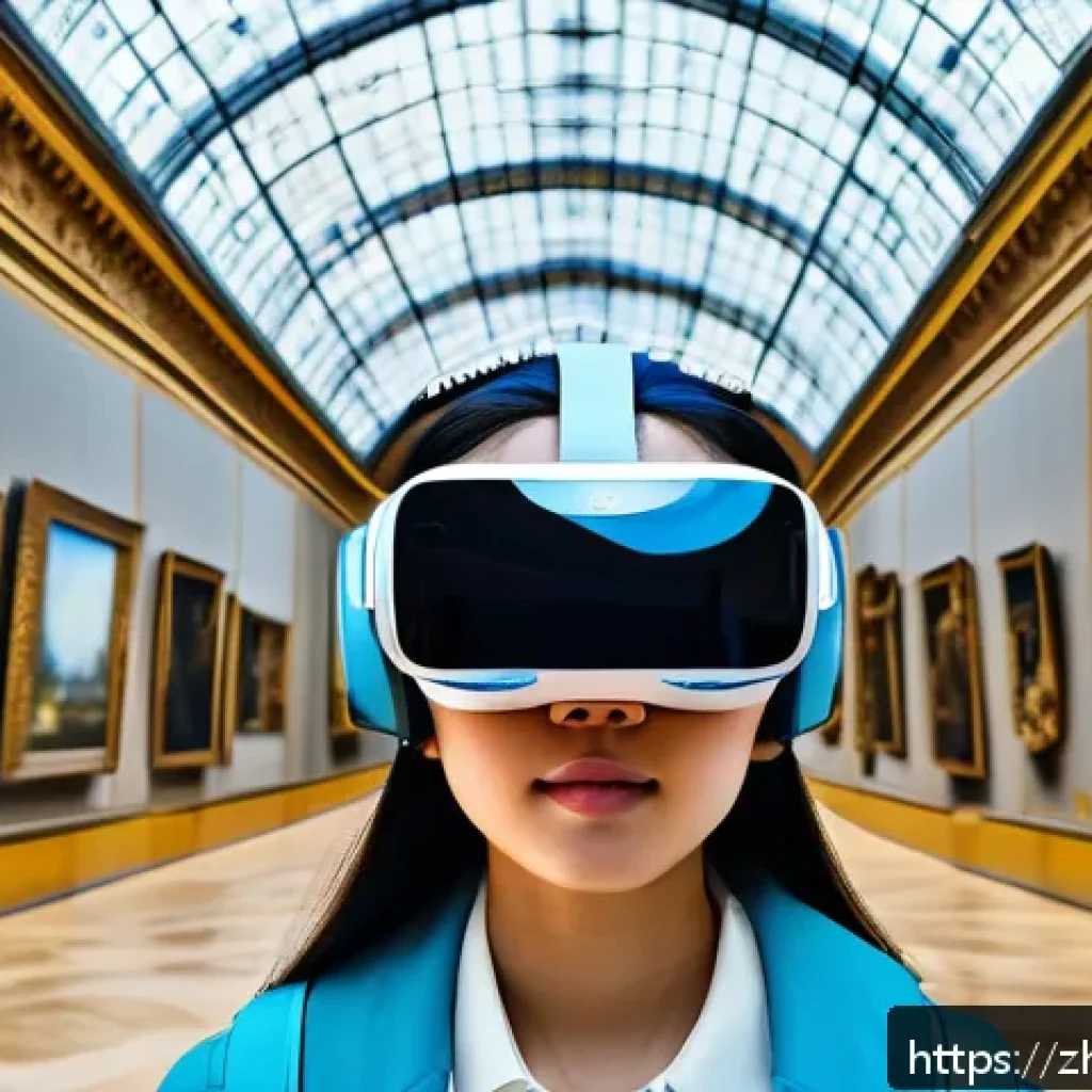 디지털 관광 트렌드 - A futuristic immersive virtual reality travel scene showing a young adult wearing a sleek VR headset...