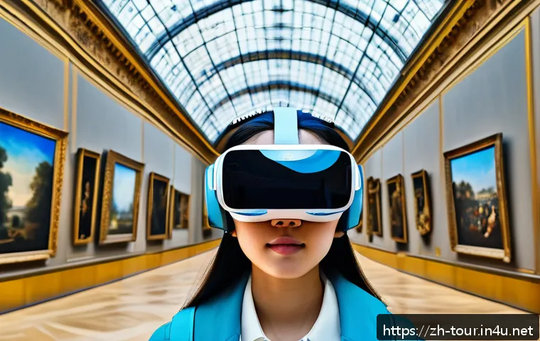 디지털 관광 트렌드 - A futuristic immersive virtual reality travel scene showing a young adult wearing a sleek VR headset...