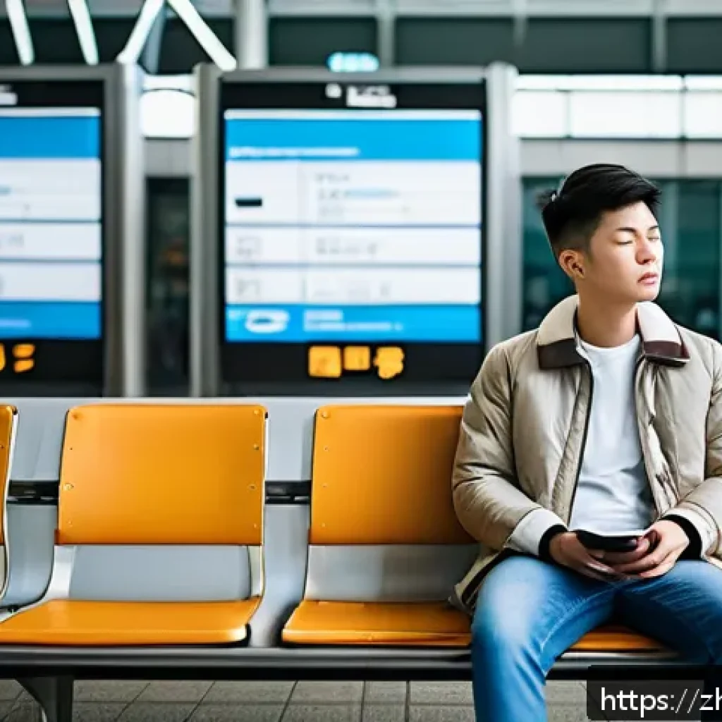 여행 안전 지침 - A calm and composed young traveler, wearing casual comfortable clothing and a light jacket, sitting ...