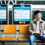 여행 안전 지침 - A calm and composed young traveler, wearing casual comfortable clothing and a light jacket, sitting ...